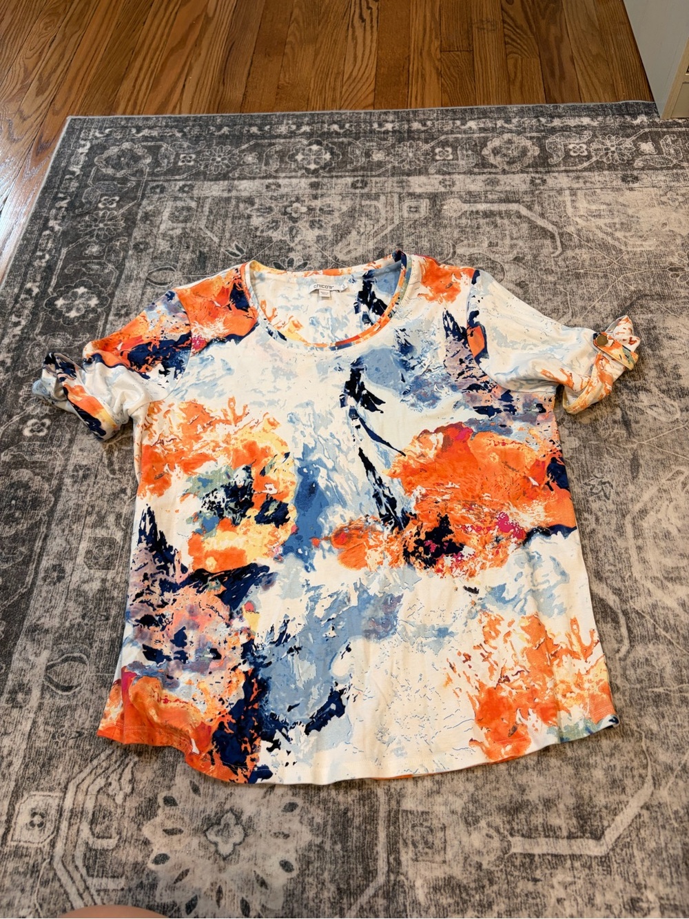 Chico's Abstract Watercolor Short Sleeve Tee in Orange, Blue & White